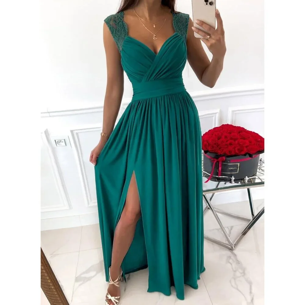 Women's V-Neck Maxi Dress Ruched Elegant Formal Party Bridesmaid Gown - Picture 7 of 7